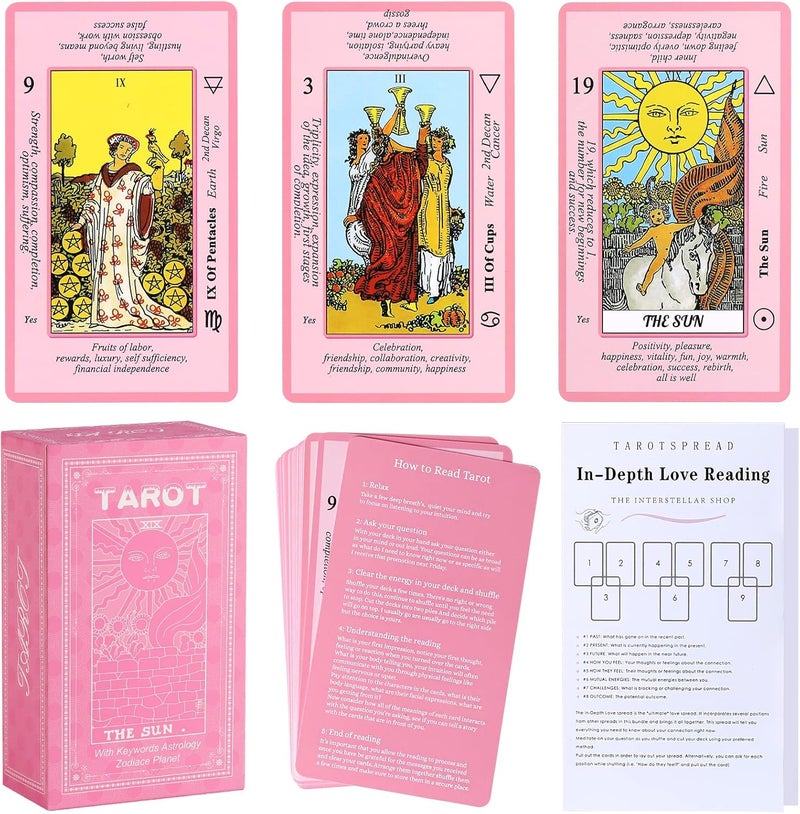 Myripoly Store Pink Tarot Cards Deck Set for Beginners with Meanings On Them-Tarot Card with Guidebook-(Free Velvet Tarot Bag Pouch) - Image 1